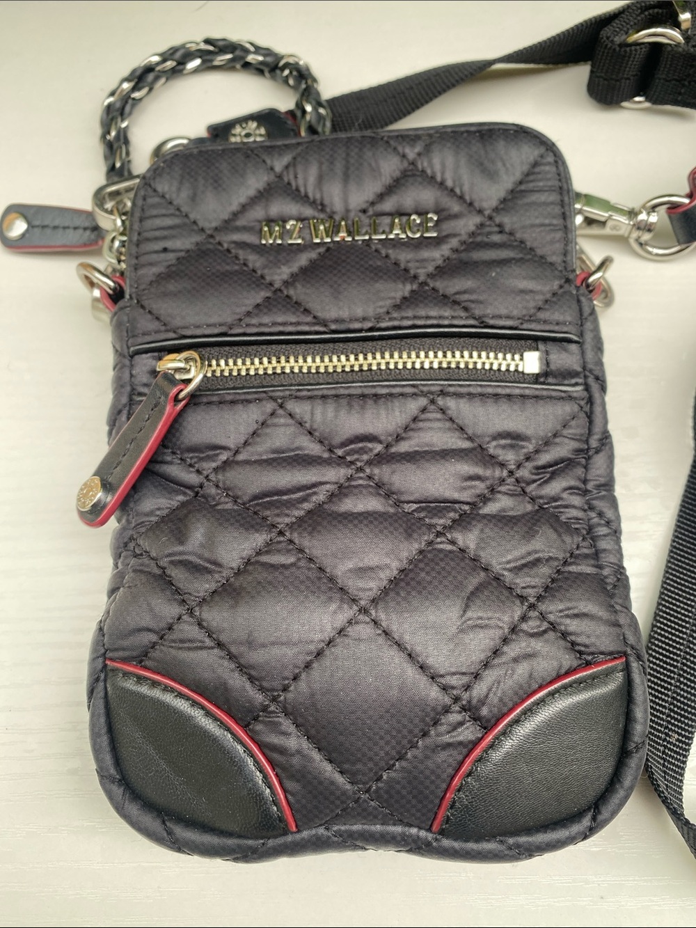 MZ Wallace Quilted Crossbody Phone Pouch - Black with Red Trim